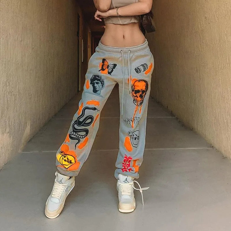 Sweatpants Women Hippie Cartoon Printed Trouser Joggers for Women Drawstring Cargo Pants Streetwear Casual Sweatpant Vamos Todos