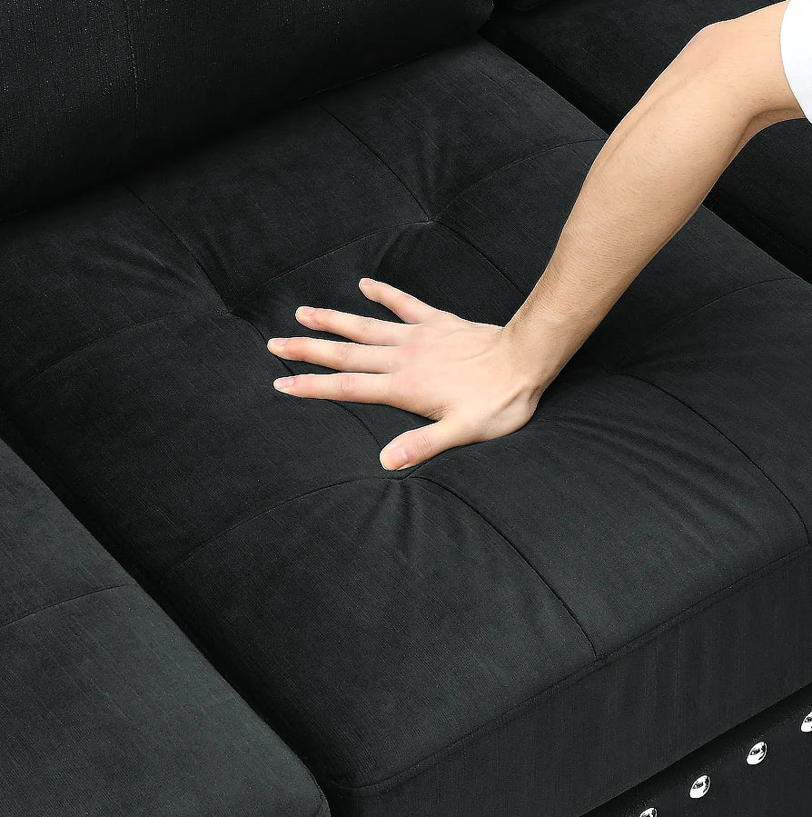 Modern Convertible Sectional 3-Seaters Sofa Set Reversible Chaise Storage Ottoman Cup Holders L-Shaped Velvet Memory Foam Metal
