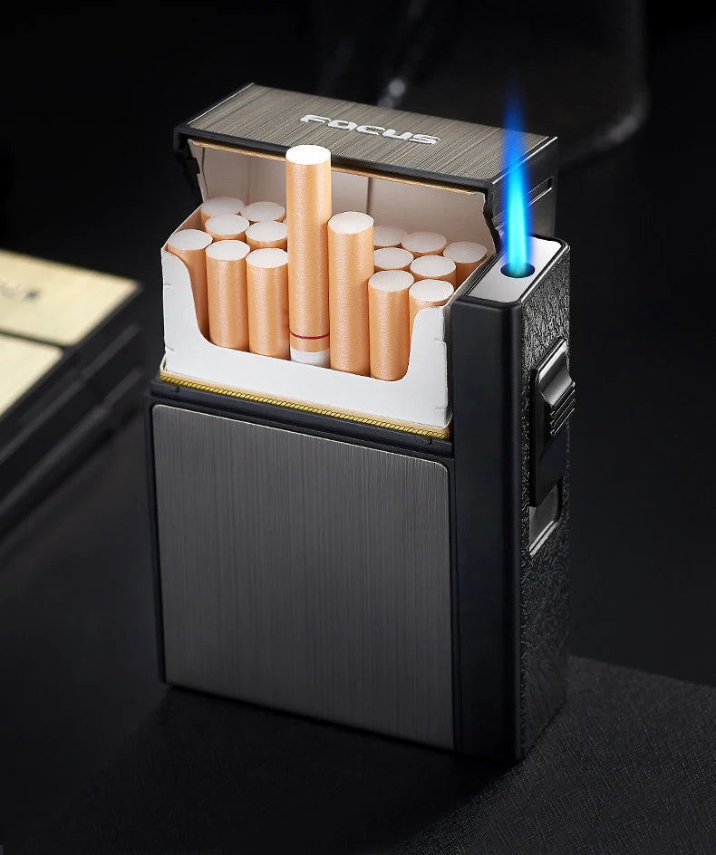 20 Sticks Cigarette Case Metal Lighter Turbo Butane Cigarette Capacity Gas Cigarette Lighter Gadget Lighter Box Men's Gift