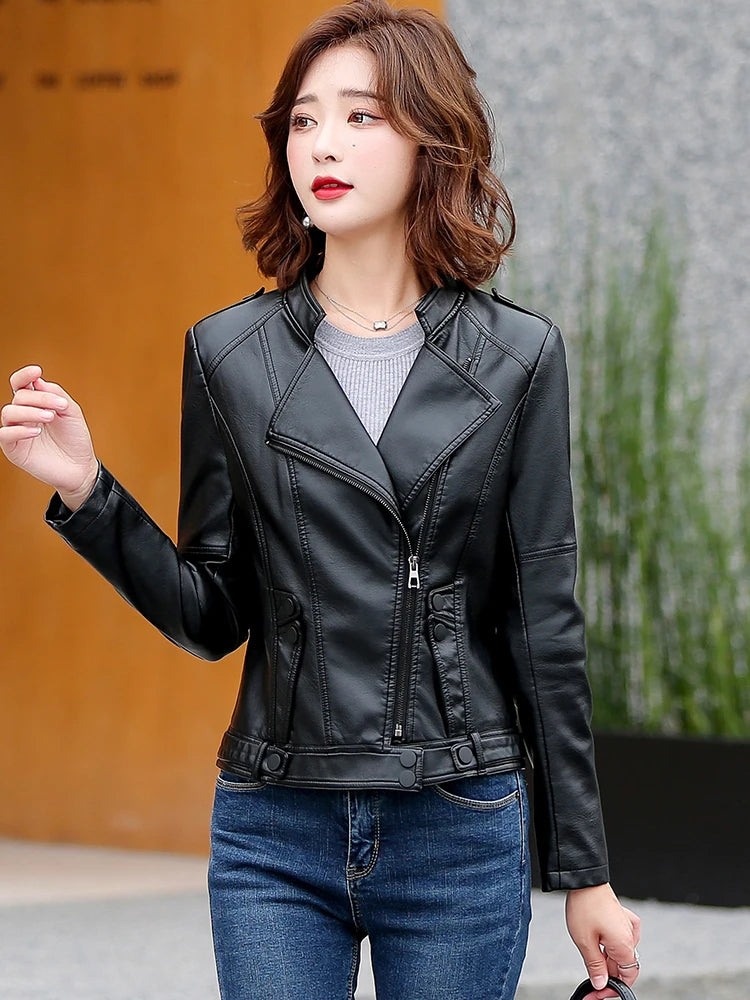 M-5XL New Women Leather Jacket Spring 2025 Fashion Solid Color Slim Short Sheepskin Coat Moto&Biker Style Tops Outerwear Female