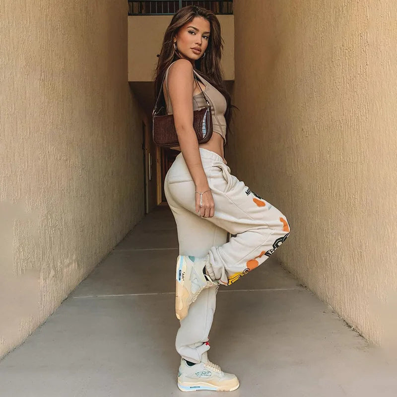 Sweatpants Women Hippie Cartoon Printed Trouser Joggers for Women Drawstring Cargo Pants Streetwear Casual Sweatpant Vamos Todos