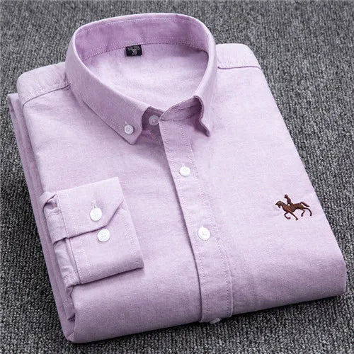 S-6XL Casual Pure Cotton Oxford Mens Shirts Long Sleeve Embroidery Horse Design Regular Fit Fashion Button Man White Dress Shirt