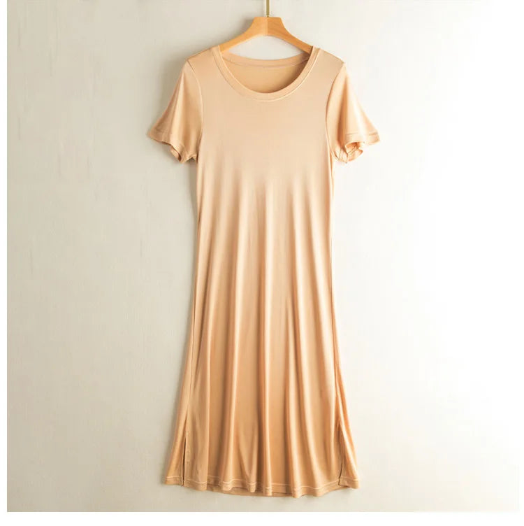 Knitted Silk Dress Solid Color Large Medium Long Mulberry Silk Short Sleeve Round Neck Bottomed Skirt
