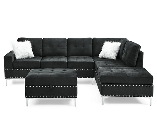 Modern Convertible Sectional 3-Seaters Sofa Set Reversible Chaise Storage Ottoman Cup Holders L-Shaped Velvet Memory Foam Metal