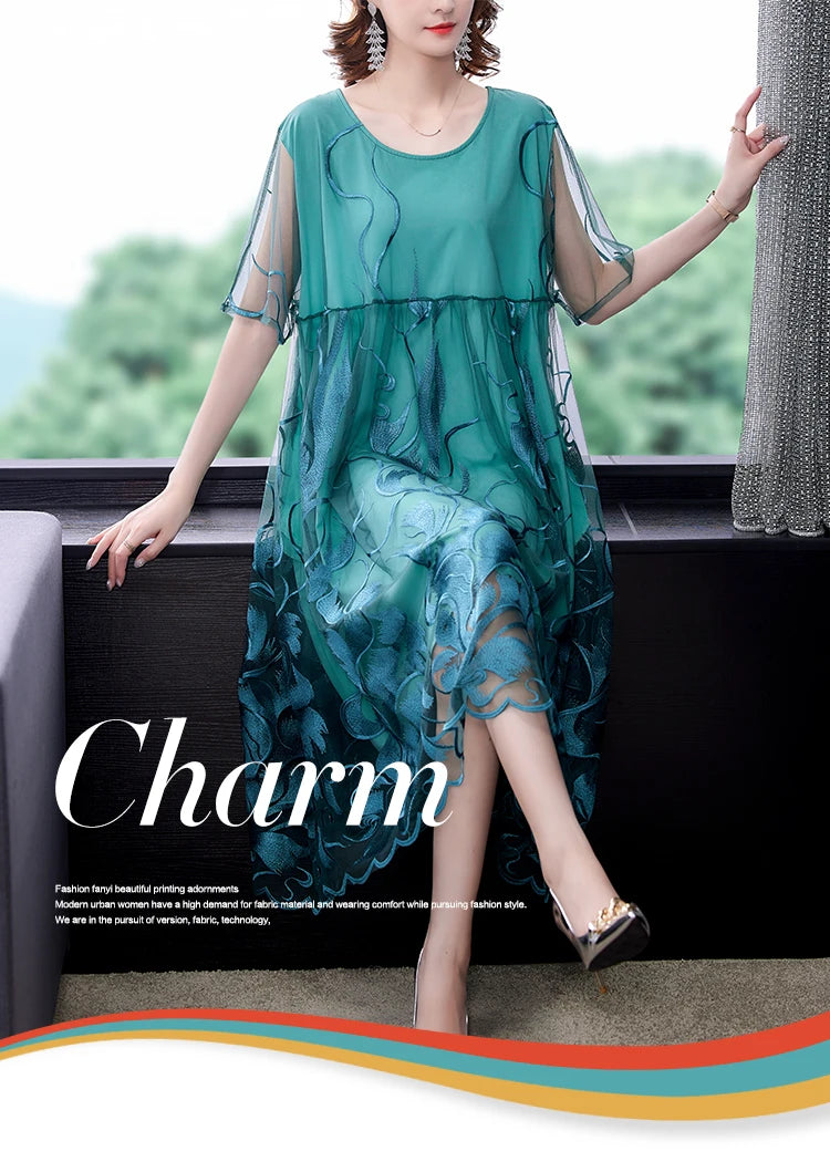 High Street Natural Silk Floral Embroidery Midi Dress Summer Casual Vintage Loose Beach Dress 2024 Women Elegant Party Vestidos