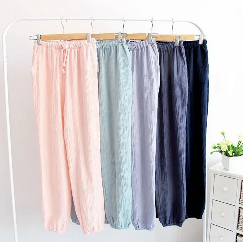 100% Gauze Cotton Home Drawstring Trousers Loose Sleeping Trousers Home Pants For Couples Pajama Pants Sleepwear Women 4 Season