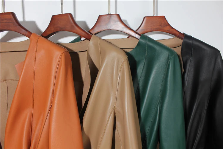 European Fashion Women Clothing Female Real Leather Jacket Mujer Draw Back Round Neck Pleated Belt Caramel Coat Veste Femme