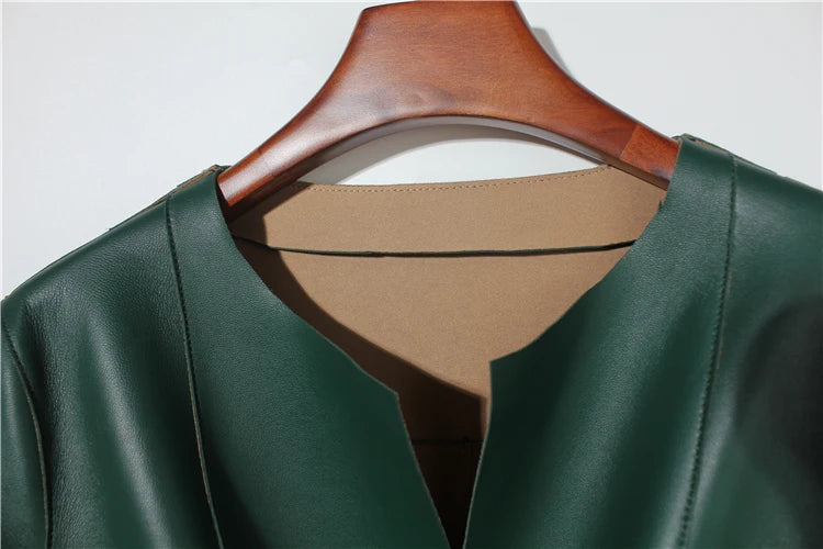 European Fashion Women Clothing Female Real Leather Jacket Mujer Draw Back Round Neck Pleated Belt Caramel Coat Veste Femme