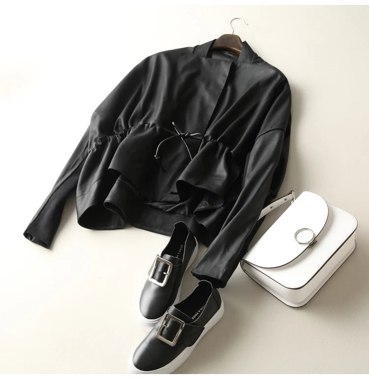 Women's Clothing Great Texture Women Loose Casual Genuine Leather Jacket Female Imported Frosted Sheepskin Drawstring Waist Coat