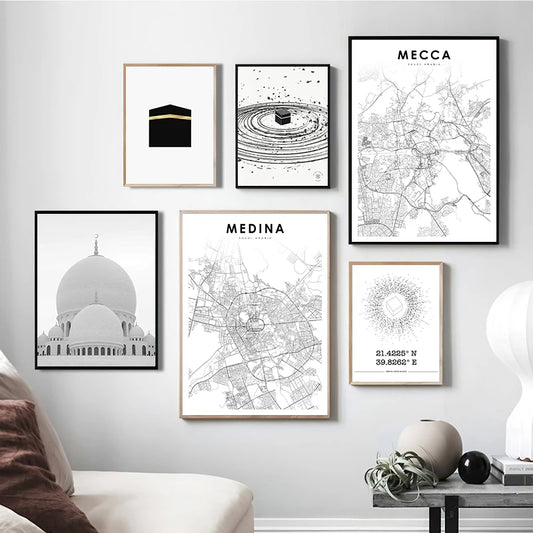 Islamic Holy Cities Makkah Prints Madinah Quds Jerusalem Arabic Wall Art Canvas Painting Mecca Posters Living Room Home Decor