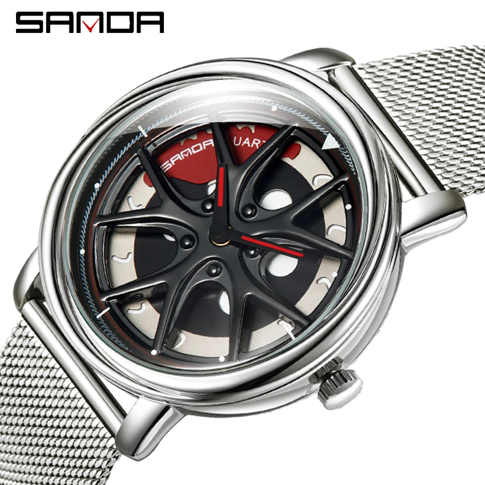 Men Watch Car Wheel Rim Hub Dial Male Wristwatch Skeleton Man Black Waterproof Watches Stainless Steel Quartz Relogio Masculino