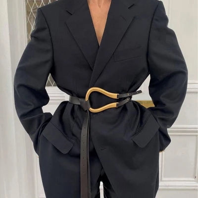 NEW Genuine Leather double Belts Luxury Metal U Buckle belt women girls retro vintage large belt for coat jeans black white