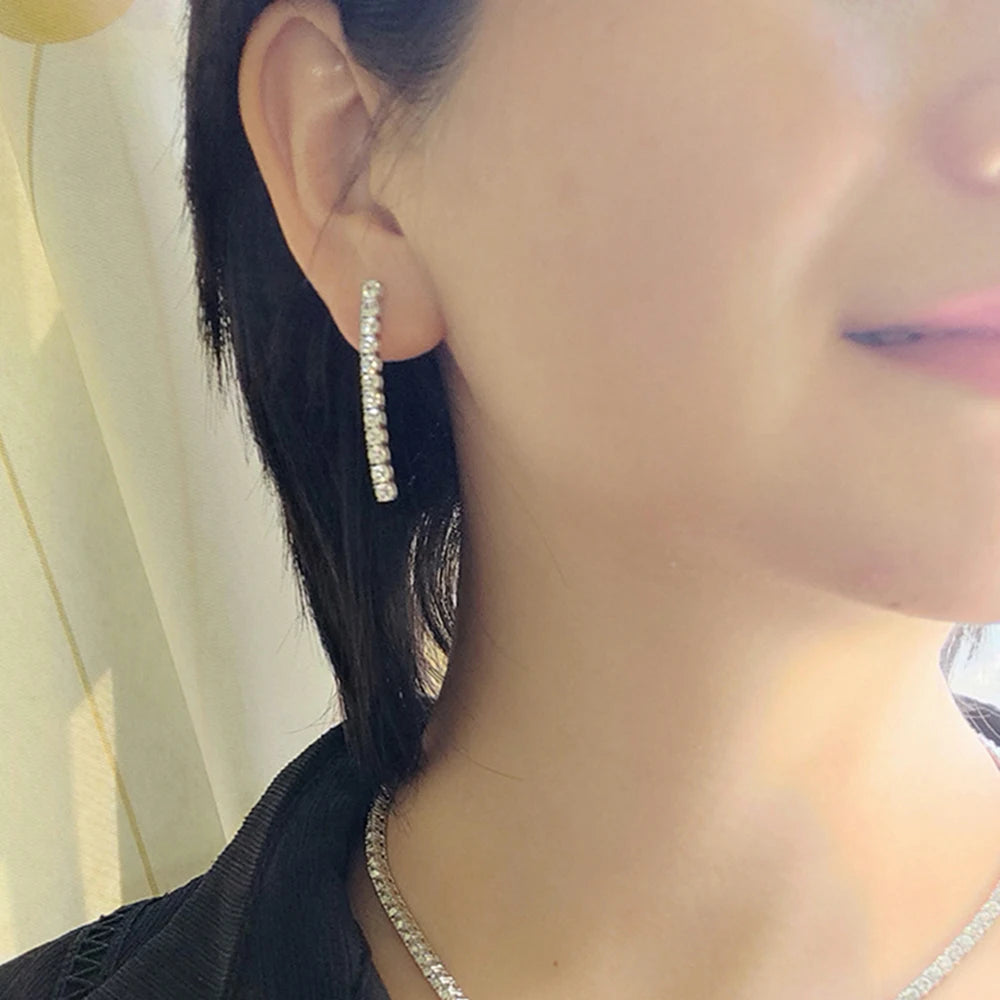 Real Sterling Silver 3mm Round Cubic Zirconia 38mm Height Dangle Design Solid 925 Metal Jewelry Tennis Earrings