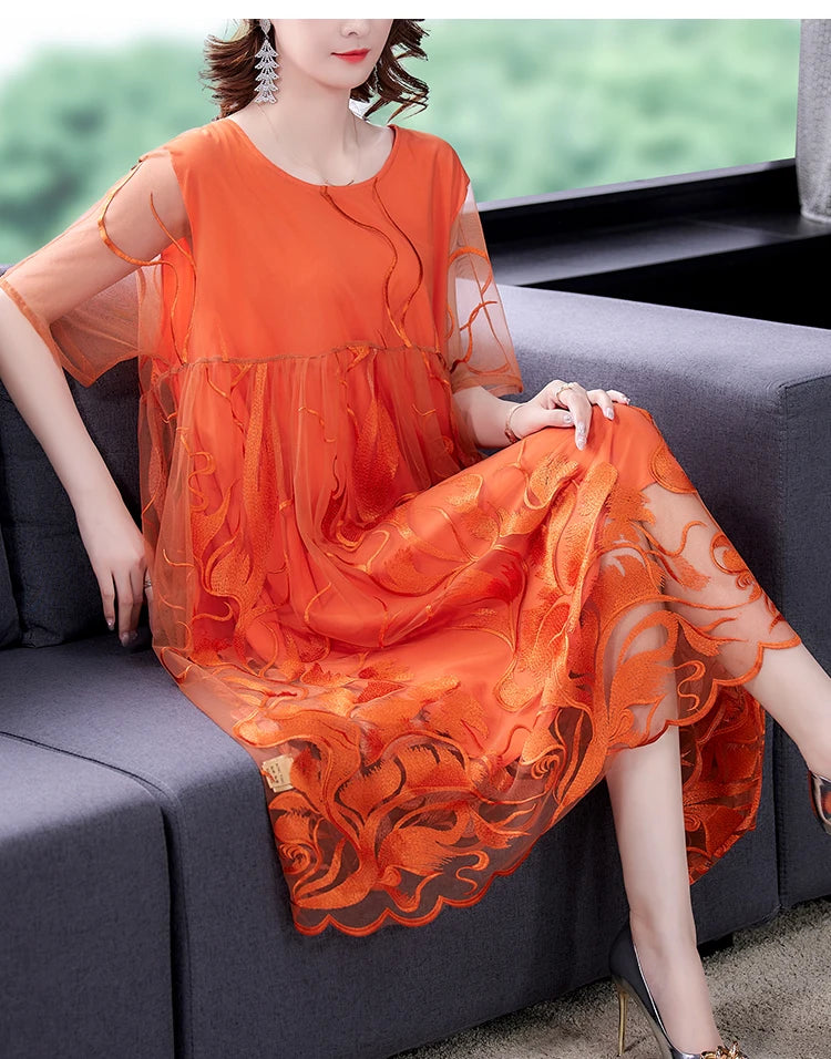 High Street Natural Silk Floral Embroidery Midi Dress Summer Casual Vintage Loose Beach Dress 2024 Women Elegant Party Vestidos