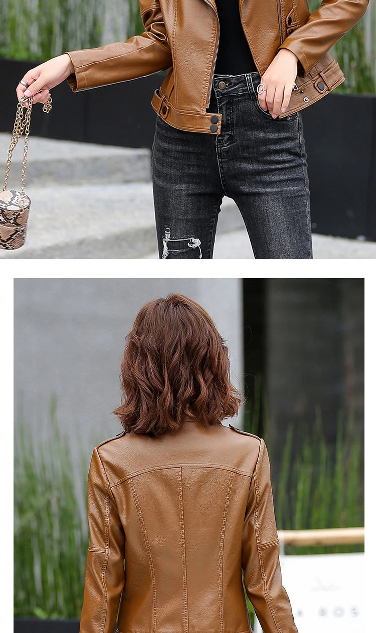 M-5XL New Women Leather Jacket Spring 2025 Fashion Solid Color Slim Short Sheepskin Coat Moto&Biker Style Tops Outerwear Female