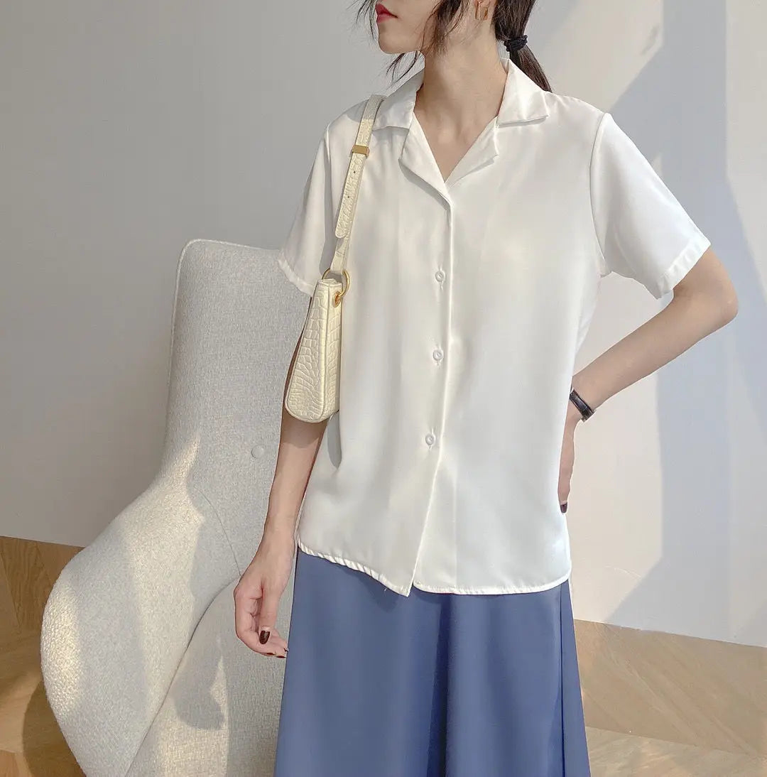 Women Summer Elegant Solid Chiffon Blouses Casual Turn Down Collar Short Sleeve Loose Shirts Korean Chic Top Female Tunic