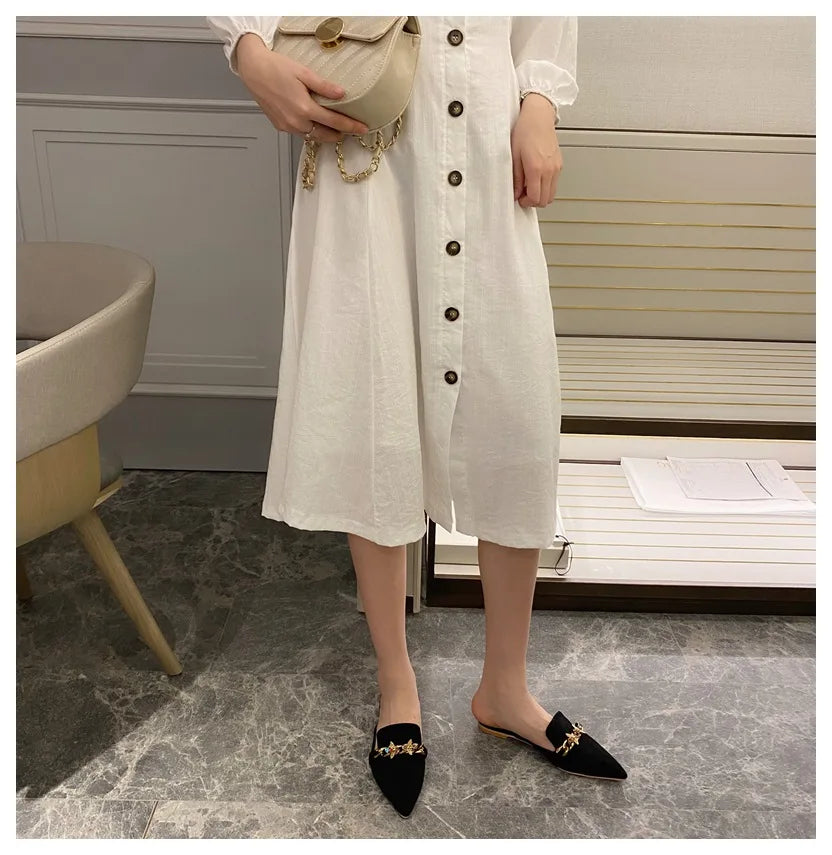 New Women Slippers Pointed Toe Rubber Metal Chains Flat Slide Footwear Fashion Casual Mule Shoes Big Size 41 42 Zapatos De Mujer