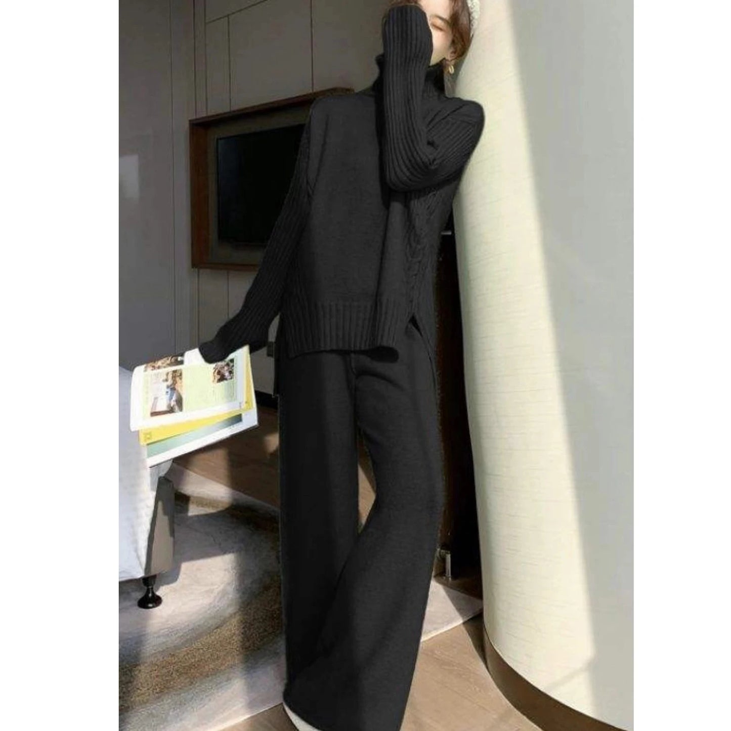Wool 2023 Autumn and Winter New Loose Turtleneck Sweater Suit Female Western Style Fashion Wide Leg Pants Two-Piece Set Female