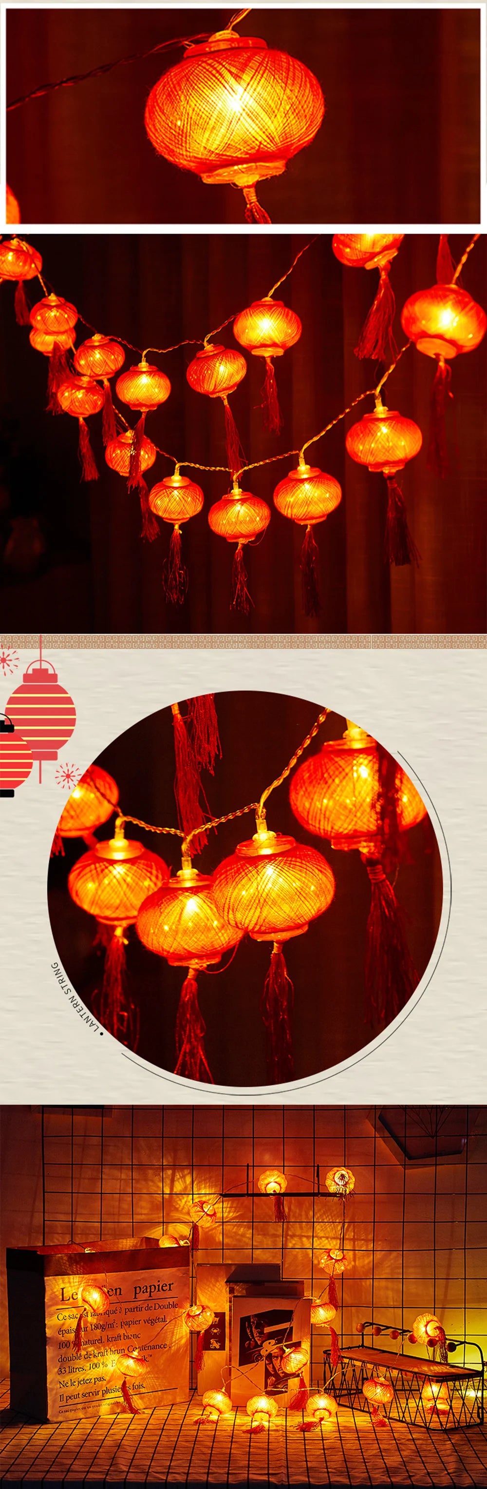 3V Lantern Festival Spring Festival Traditional Chinese Red Lantern String Light/Battery Box New Year Holiday Decorations