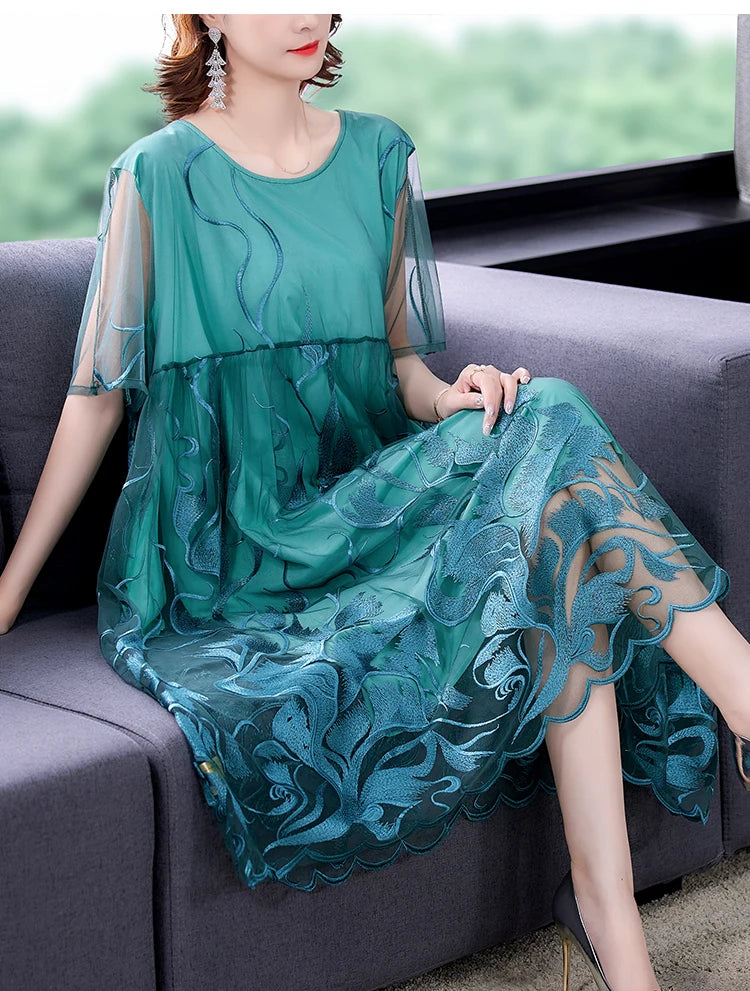 High Street Natural Silk Floral Embroidery Midi Dress Summer Casual Vintage Loose Beach Dress 2024 Women Elegant Party Vestidos