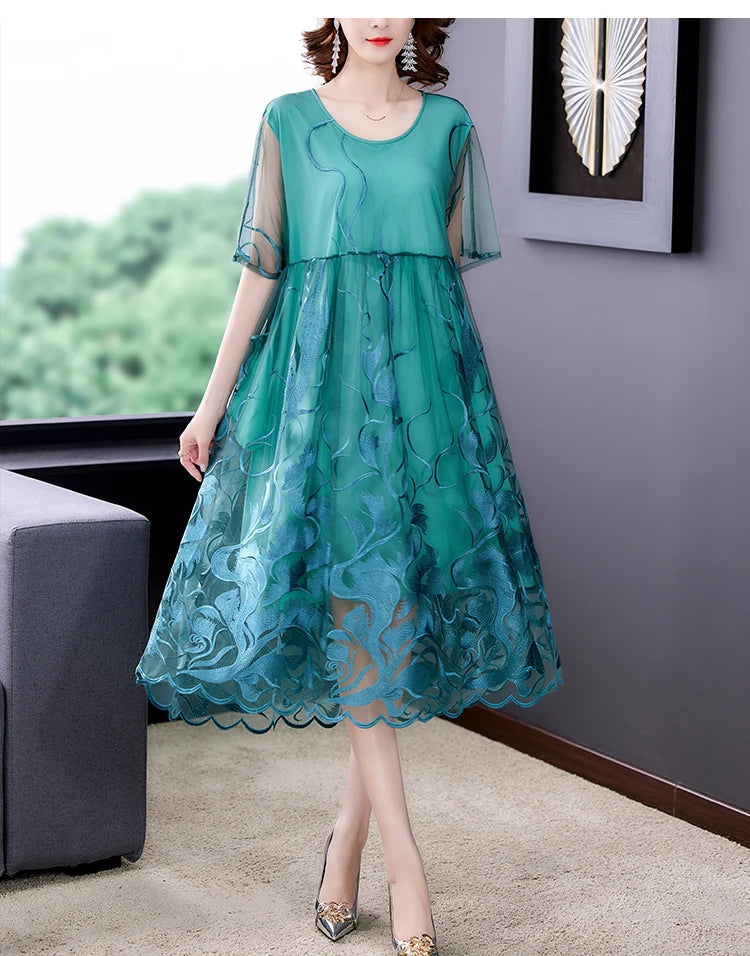 High Street Natural Silk Floral Embroidery Midi Dress Summer Casual Vintage Loose Beach Dress 2024 Women Elegant Party Vestidos