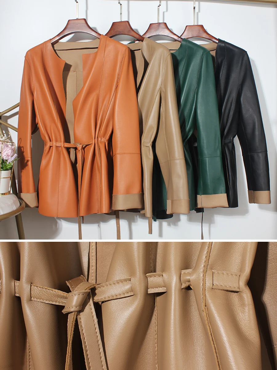 European Fashion Women Clothing Female Real Leather Jacket Mujer Draw Back Round Neck Pleated Belt Caramel Coat Veste Femme