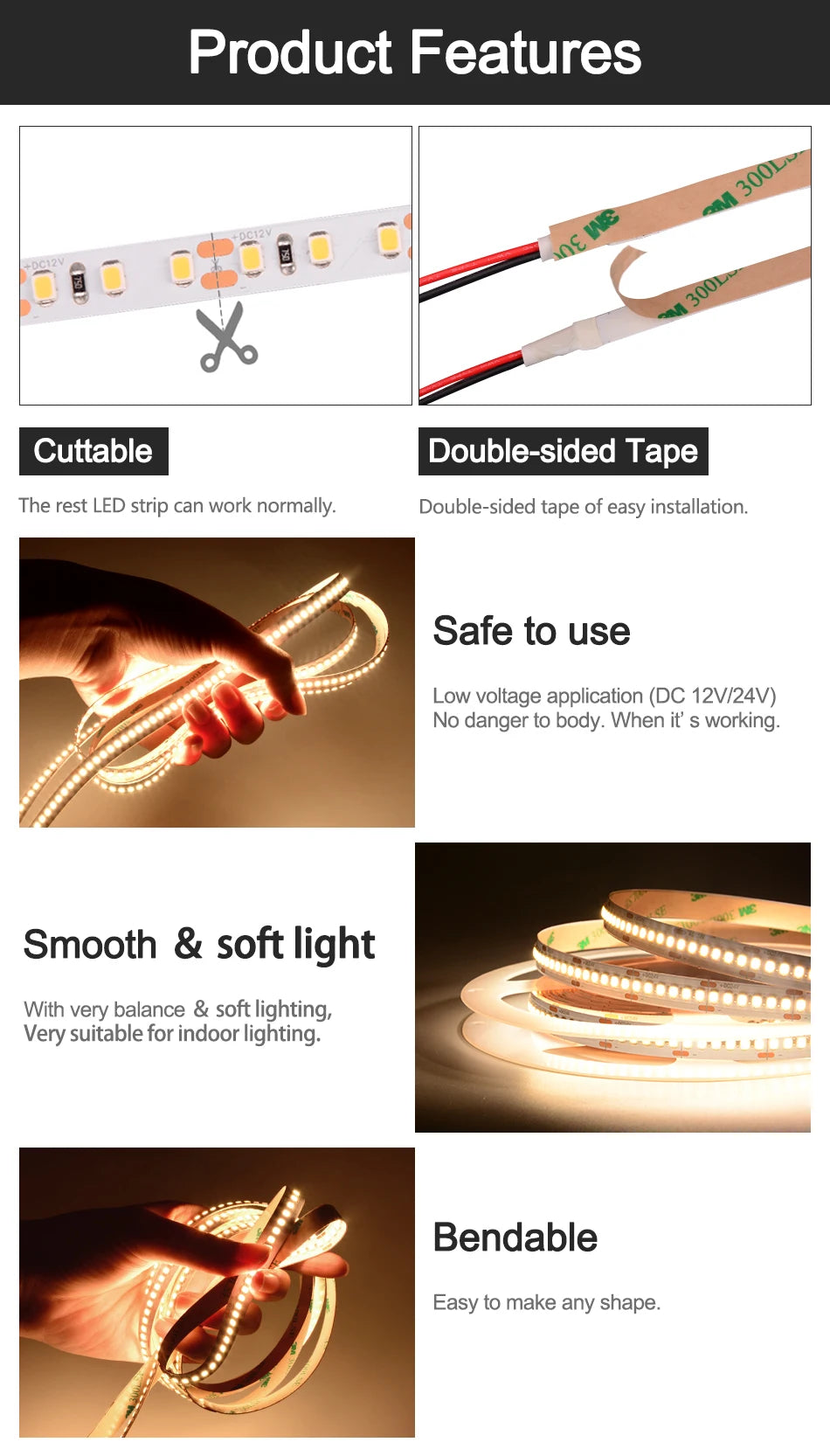 UL Listed 2835 LED Strip Light 120 240 LEDs/m 16.4ft Flexible Ribbon Led Tape RA90 SMD2835 Led Lights 3000K-6000K DC12V 24V