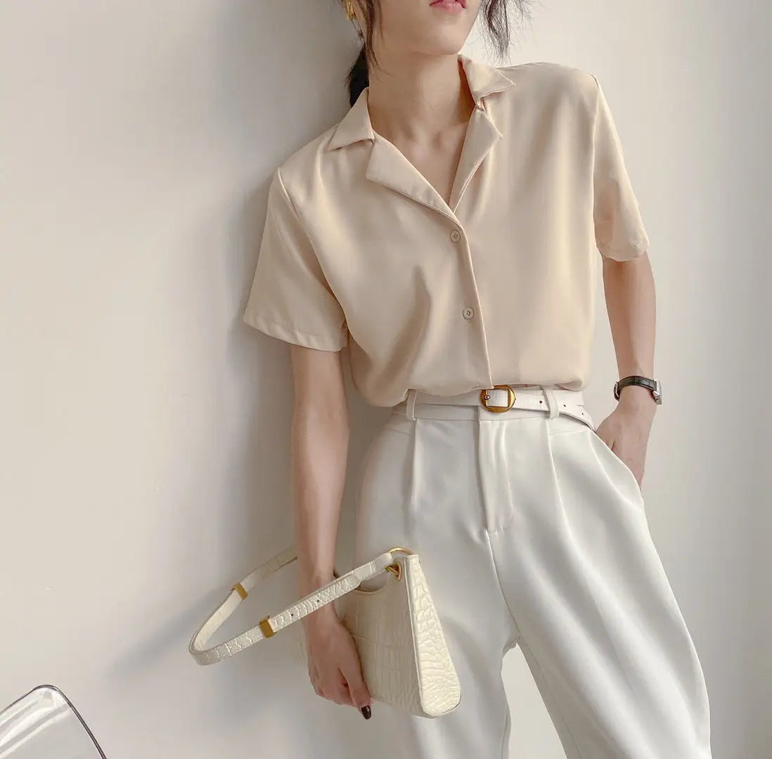 Women Summer Elegant Solid Chiffon Blouses Casual Turn Down Collar Short Sleeve Loose Shirts Korean Chic Top Female Tunic