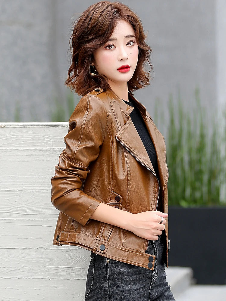 M-5XL New Women Leather Jacket Spring 2025 Fashion Solid Color Slim Short Sheepskin Coat Moto&Biker Style Tops Outerwear Female