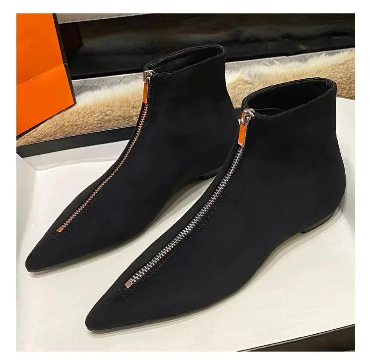 2026 New Flats Sexy  Women Pointed Toe Ankle Boots British Woman Footwear Female Shoes Wedge Boots New Zipper Design Short Boots