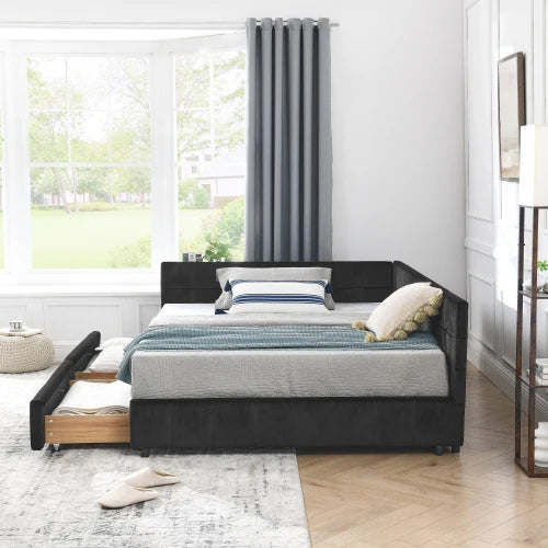Full Size Convertible Storage Upholstered Tufted Bed Frame Sofa Set with Comfortable Backrest Armrests for Bedroom Living Room