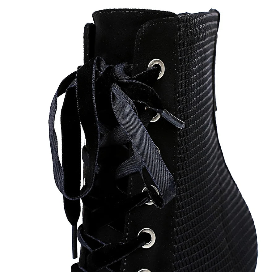 2025 Woman Cross-tied Autumn Ankle Boots Flock Pointed High Heels Shoes Women's Black Fashion Zipper Office Lady Street Footwear