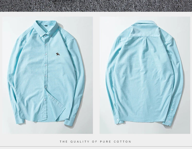 S-6XL Casual Pure Cotton Oxford Mens Shirts Long Sleeve Embroidery Horse Design Regular Fit Fashion Button Man White Dress Shirt