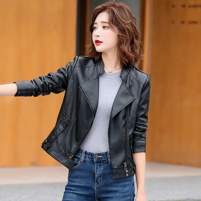 M-5XL New Women Leather Jacket Spring 2025 Fashion Solid Color Slim Short Sheepskin Coat Moto&Biker Style Tops Outerwear Female