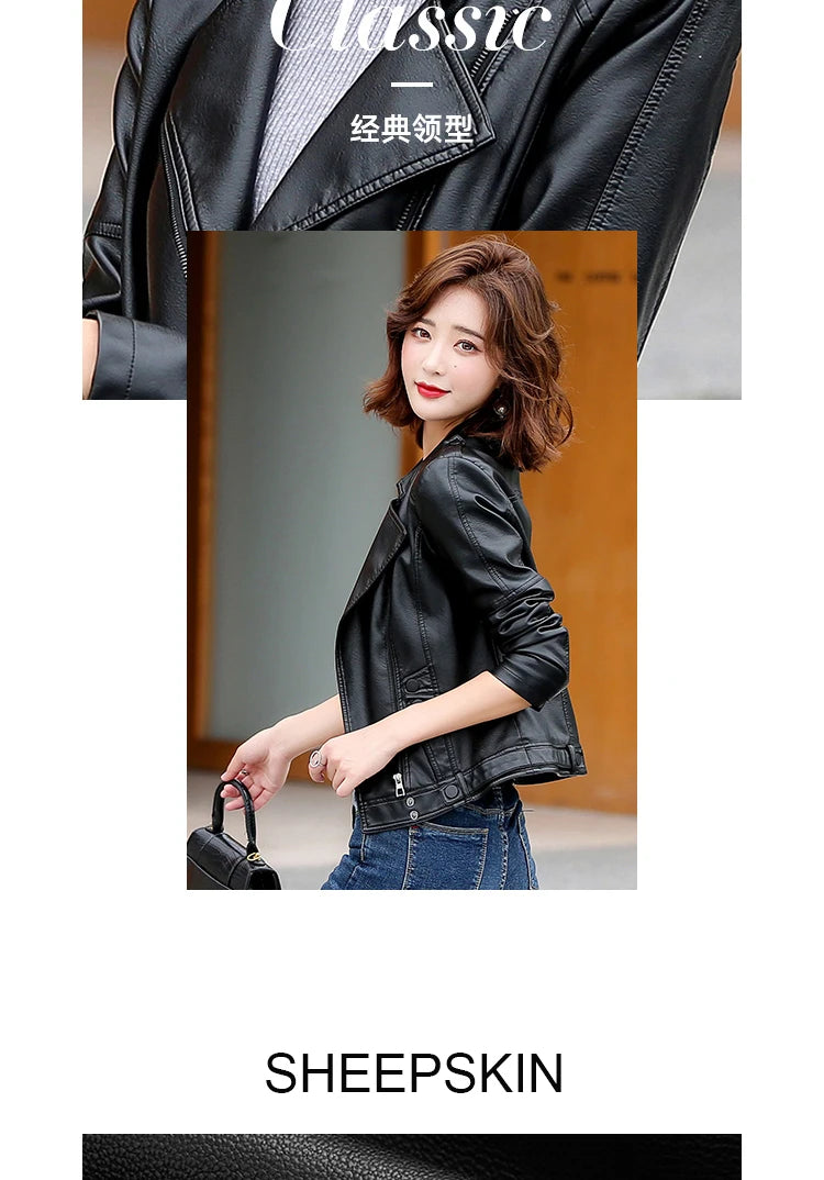 M-5XL New Women Leather Jacket Spring 2025 Fashion Solid Color Slim Short Sheepskin Coat Moto&Biker Style Tops Outerwear Female