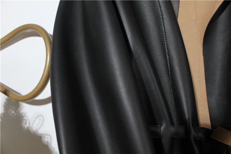 European Fashion Women Clothing Female Real Leather Jacket Mujer Draw Back Round Neck Pleated Belt Caramel Coat Veste Femme