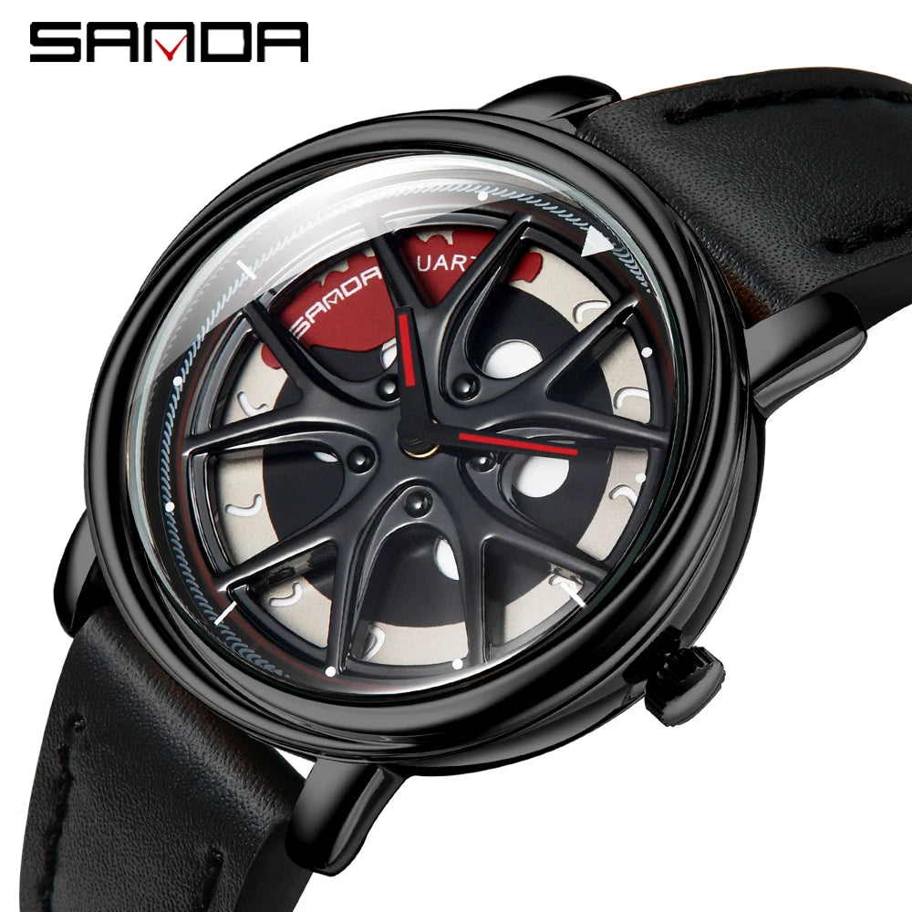 Men Watch Car Wheel Rim Hub Dial Male Wristwatch Skeleton Man Black Waterproof Watches Stainless Steel Quartz Relogio Masculino