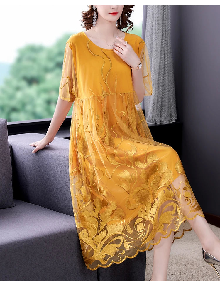 High Street Natural Silk Floral Embroidery Midi Dress Summer Casual Vintage Loose Beach Dress 2024 Women Elegant Party Vestidos