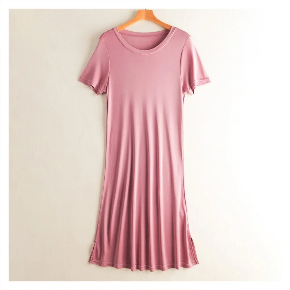 Knitted Silk Dress Solid Color Large Medium Long Mulberry Silk Short Sleeve Round Neck Bottomed Skirt
