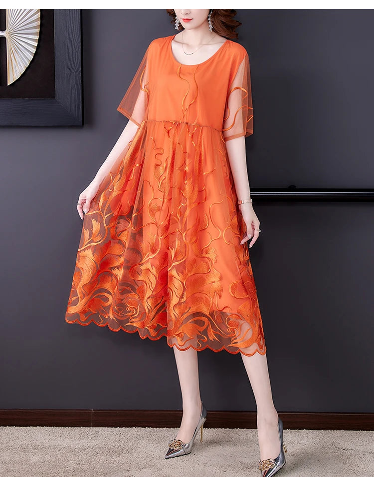 High Street Natural Silk Floral Embroidery Midi Dress Summer Casual Vintage Loose Beach Dress 2024 Women Elegant Party Vestidos