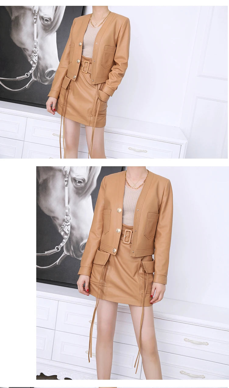 Mujer Roupas Autumn/Winter Female Genuine Leather V-Neck Big Gold Buckle Casual Pocket Short Coat Camel/Black Chic Jacket Women