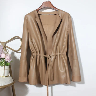 European Fashion Women Clothing Female Real Leather Jacket Mujer Draw Back Round Neck Pleated Belt Caramel Coat Veste Femme