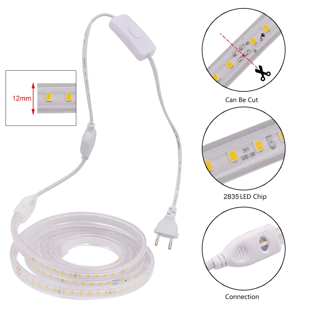 LED Strip Light 220V Flexible LED Tape SMD2835 120 LED Waterproof LED Ribbon with EU Switch Plug for Home Decoration