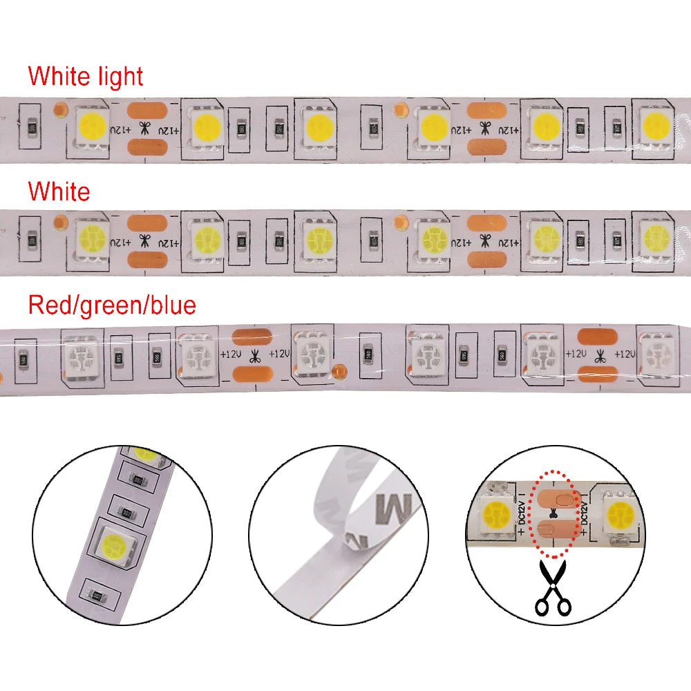 LED Strip 5050 2835 Flexible Home Decoration Lighting 60LEDs/m RGB Waterproof LED Tape Cold Warm White/Blue/Green/Red 5m/lot 12V