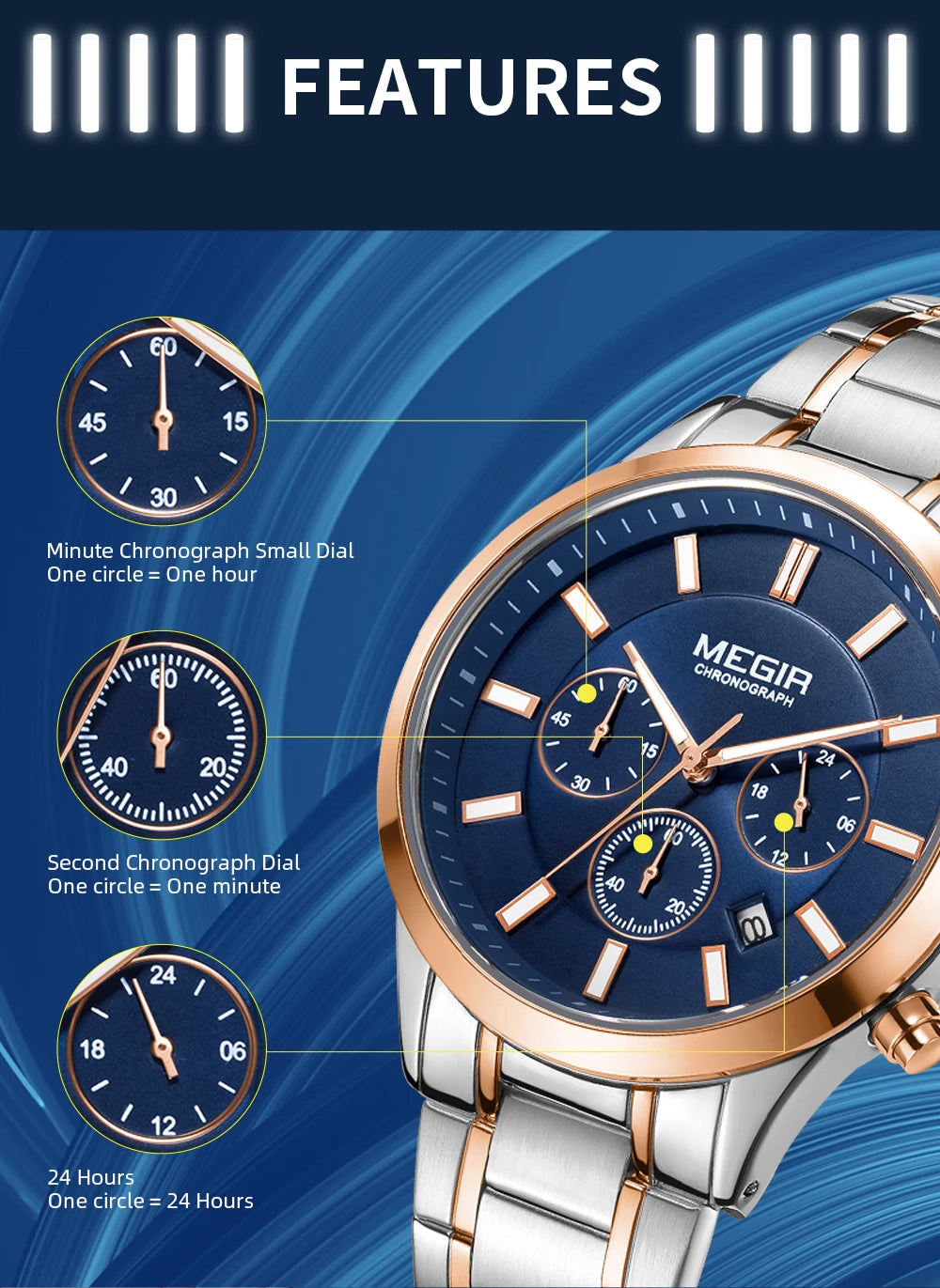 MEGIR Watches for Men 2021 New Chronograph Quartz Watch Luxury Stainless Steel Wristwatch Man Relogios Masculino часы мужские