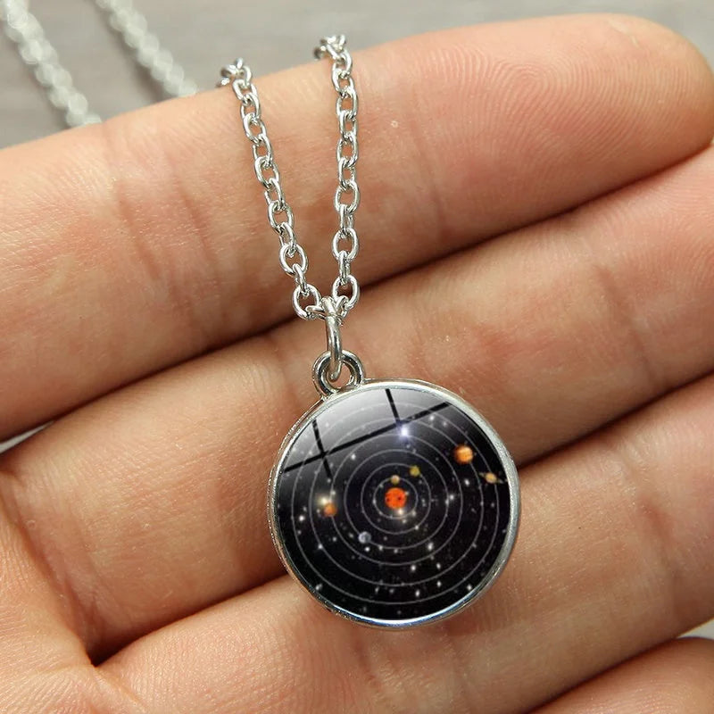 Luminous Solar System Necklace Nebula Galaxy Planet Universe Double Sided Glass Ball Necklaces