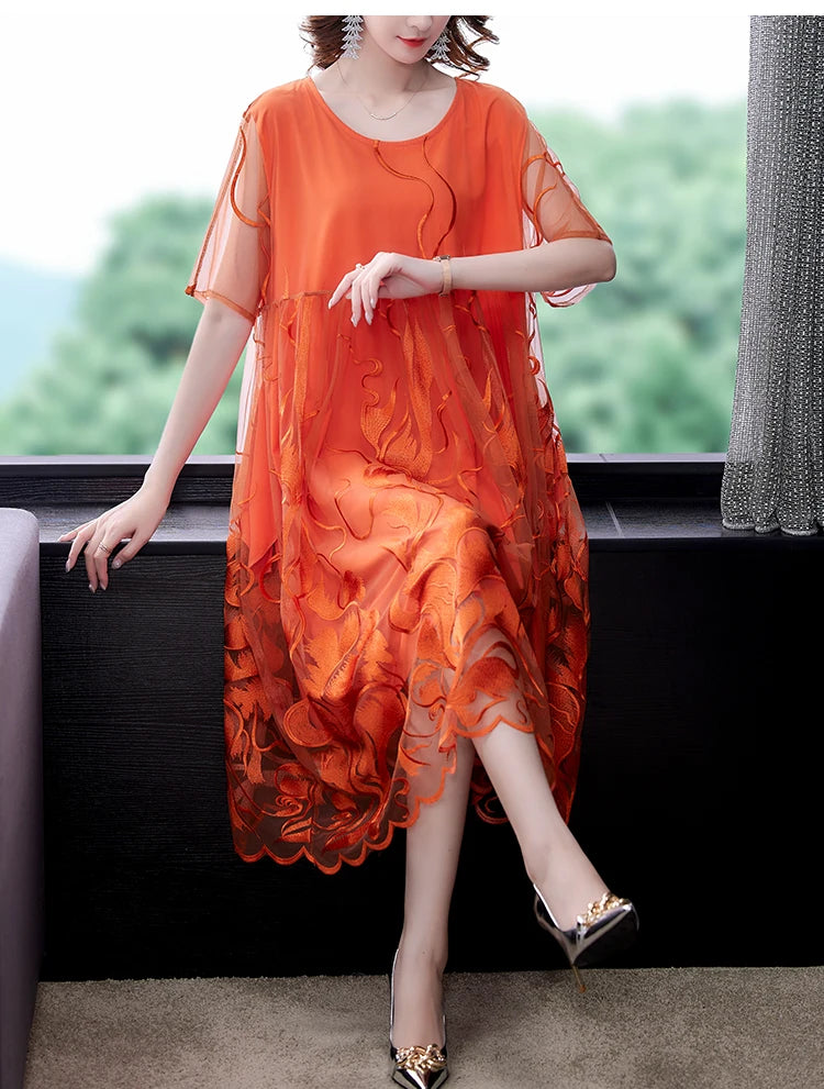 High Street Natural Silk Floral Embroidery Midi Dress Summer Casual Vintage Loose Beach Dress 2024 Women Elegant Party Vestidos