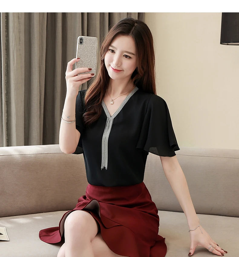 Blusas Blouses Femme Summer Tops Women Blouse Women Blusas Mujer De Moda 2024 Verano Tassel V-Neck Chiffon Blouse Shirt E767