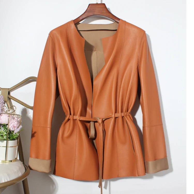 European Fashion Women Clothing Female Real Leather Jacket Mujer Draw Back Round Neck Pleated Belt Caramel Coat Veste Femme