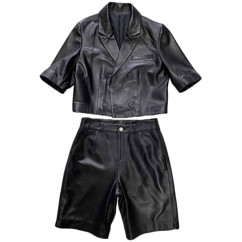 Fashion Autumn Genuine Leather Short Coat Women Short Sleeve Double Breasted Turn-Down Collar Office Lady Sheepskin Suit Jacket